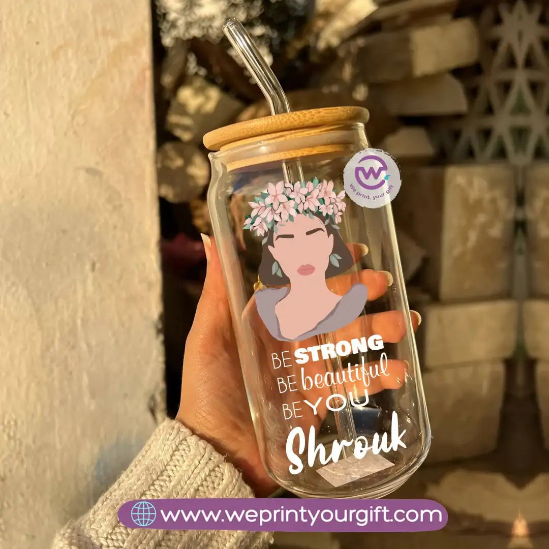 Round Glass Mug with Bamboo Lid & Glass Straw | Floral Motivational Design - WE PRINT