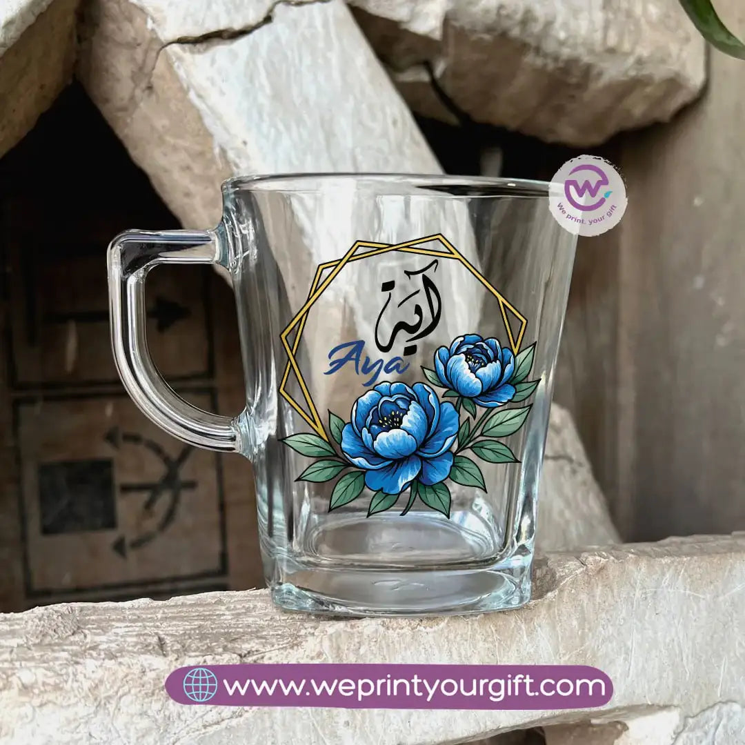 Personalized Floral Name Glass Tea Cup – 300 ml - WE PRINT