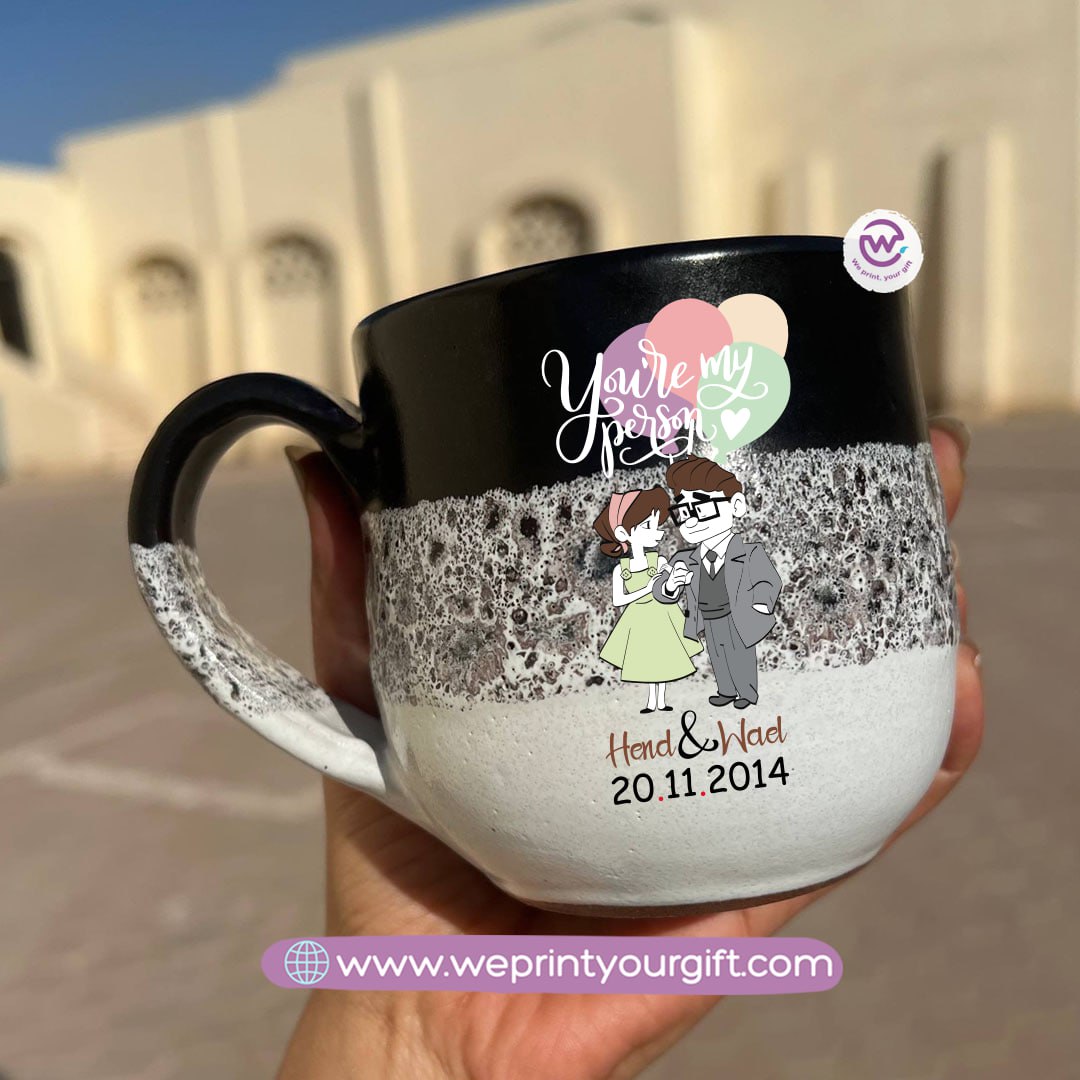 Black & White Handmade Pottery Mug – 350 ml | Valentine Up Cartoon Theme