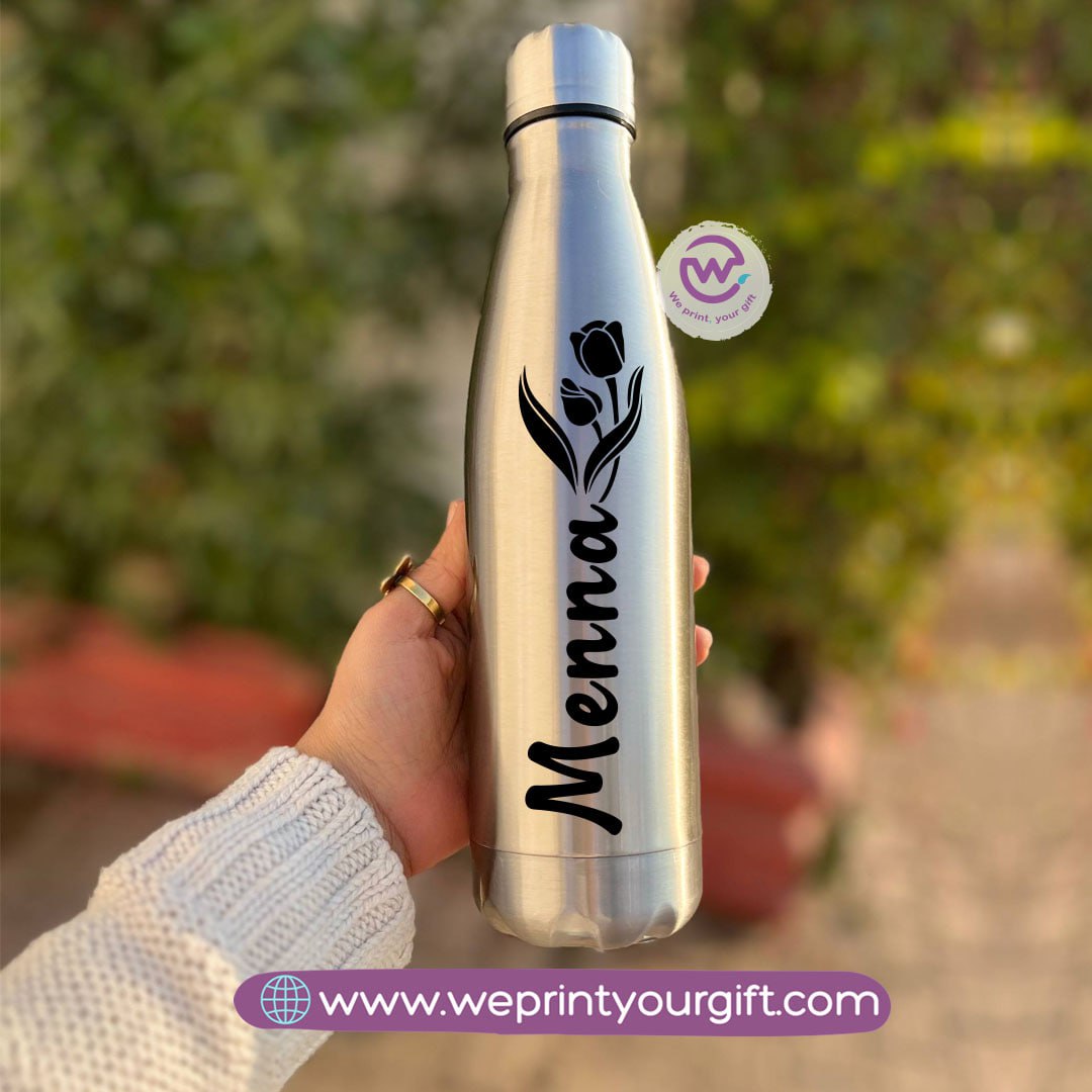 Personalized Silver Thermal Bottle with Arabic Name Typography – 500 ml