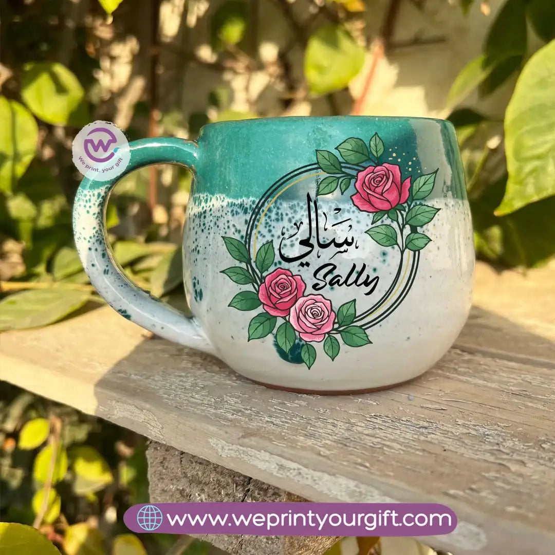 Green & White Handmade Pottery Mug with Floral Name Design - WE PRINT