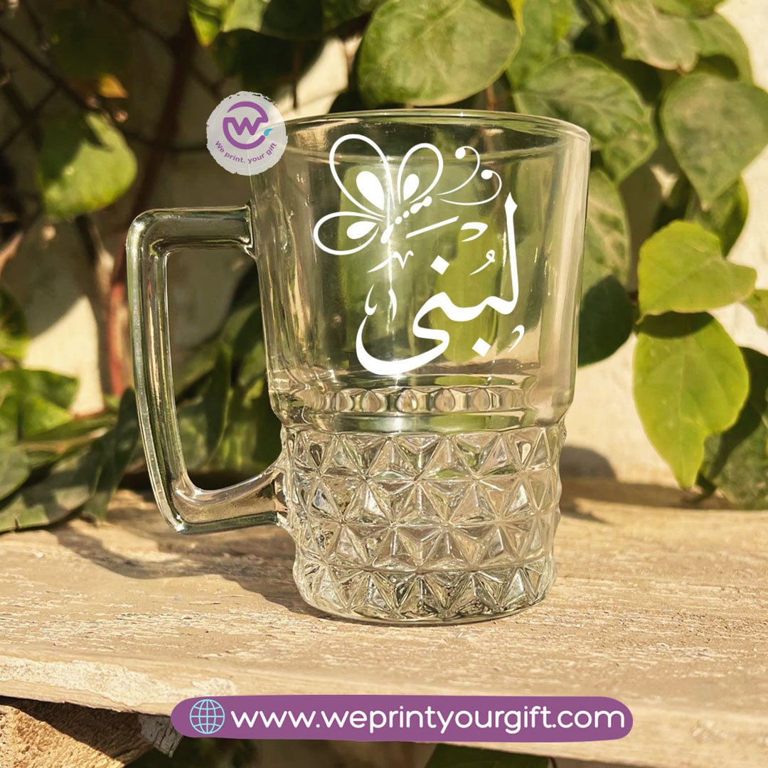 Personalized Clear Crystal Pattern Glass Mug with Arabic Name Typography – 250 ml