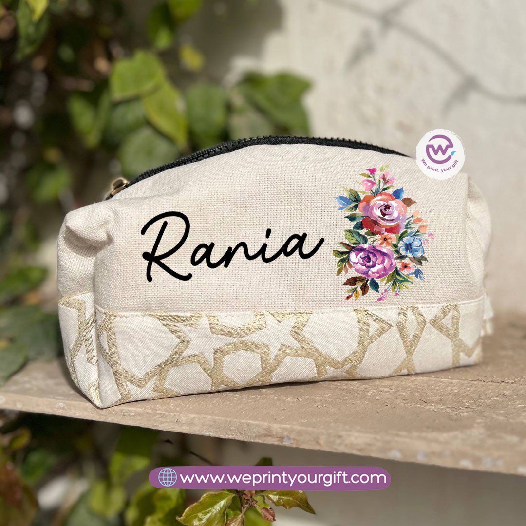 Islamic Pattern Floral Name Boxy Pouch – Personalized Cotton Makeup & Pencil Case
