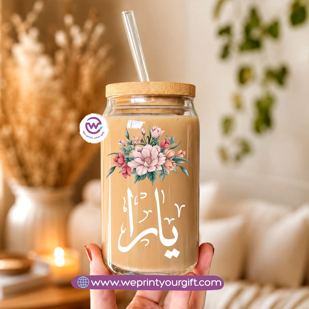 Floral Name Designs Glass Cup with Bamboo Lid & Reusable Glass Straw