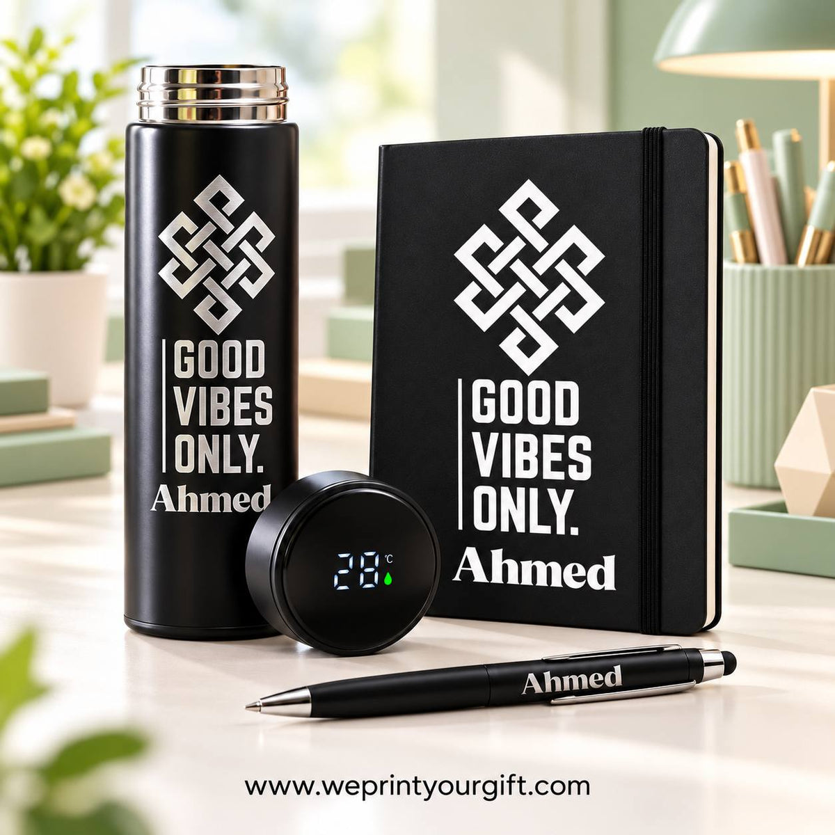 Personalized Office Gift Set – Digital Thermos, Notebook & Pen | Name & Quote