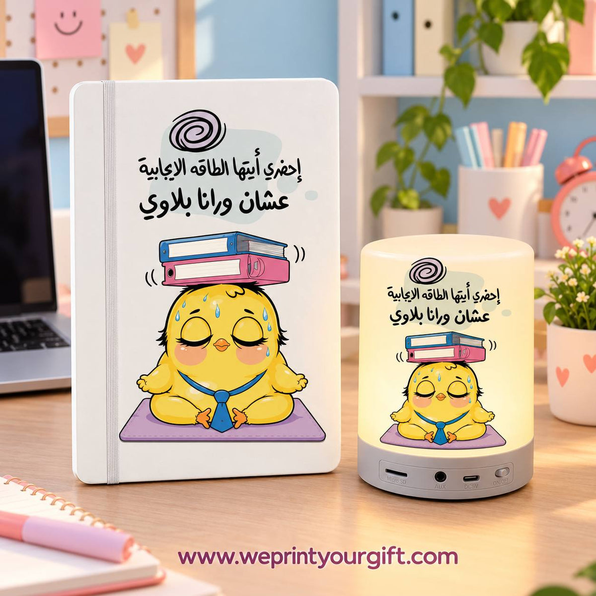 Funny Chick Office Gift Set – Touch Lamp Speaker & Notebook | Work Comic