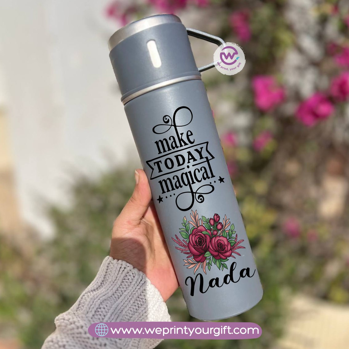 Floral Name Thermal Flask with Two Extra Cups – 500ml