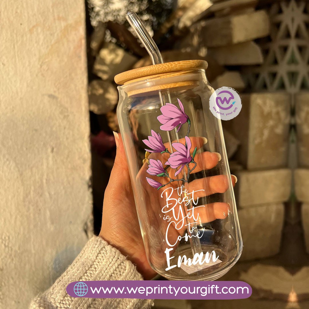 Round Glass Mug with Bamboo Lid & Glass Straw | Floral Motivational Design