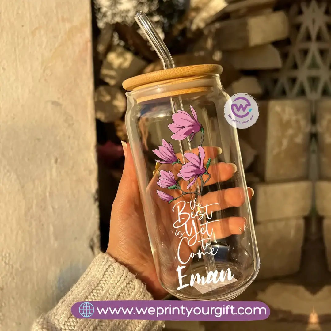 Round Glass Mug with Bamboo Lid & Glass Straw | Floral Motivational Design - WE PRINT