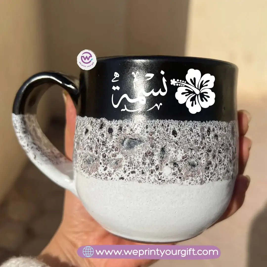 Black & White Handmade Pottery Mug – 350 ml | Arabic Name Line Art Design - WE PRINT