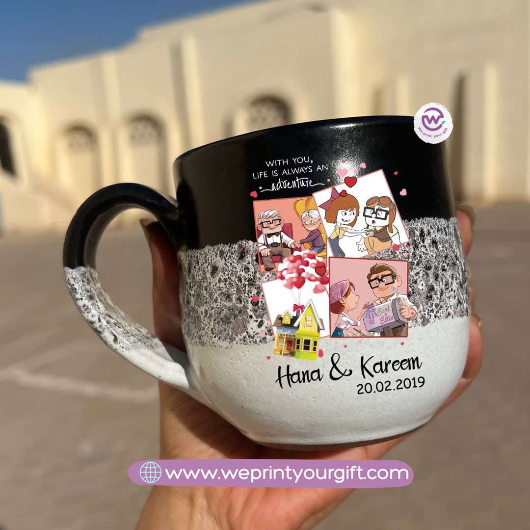 Black & White Handmade Pottery Mug – 350 ml | Valentine Up Cartoon Theme