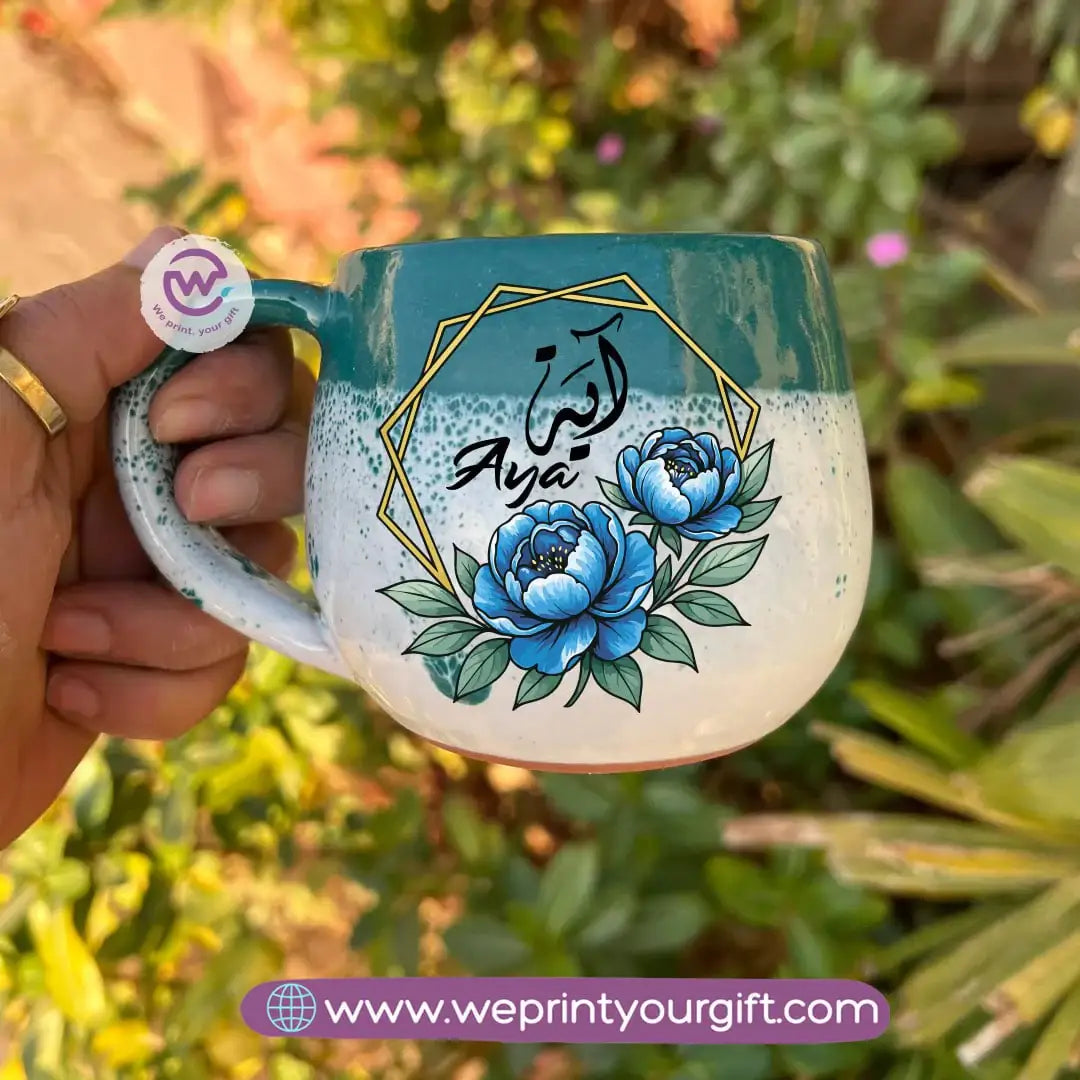 Green & White Handmade Pottery Mug with Floral Name Design - WE PRINT
