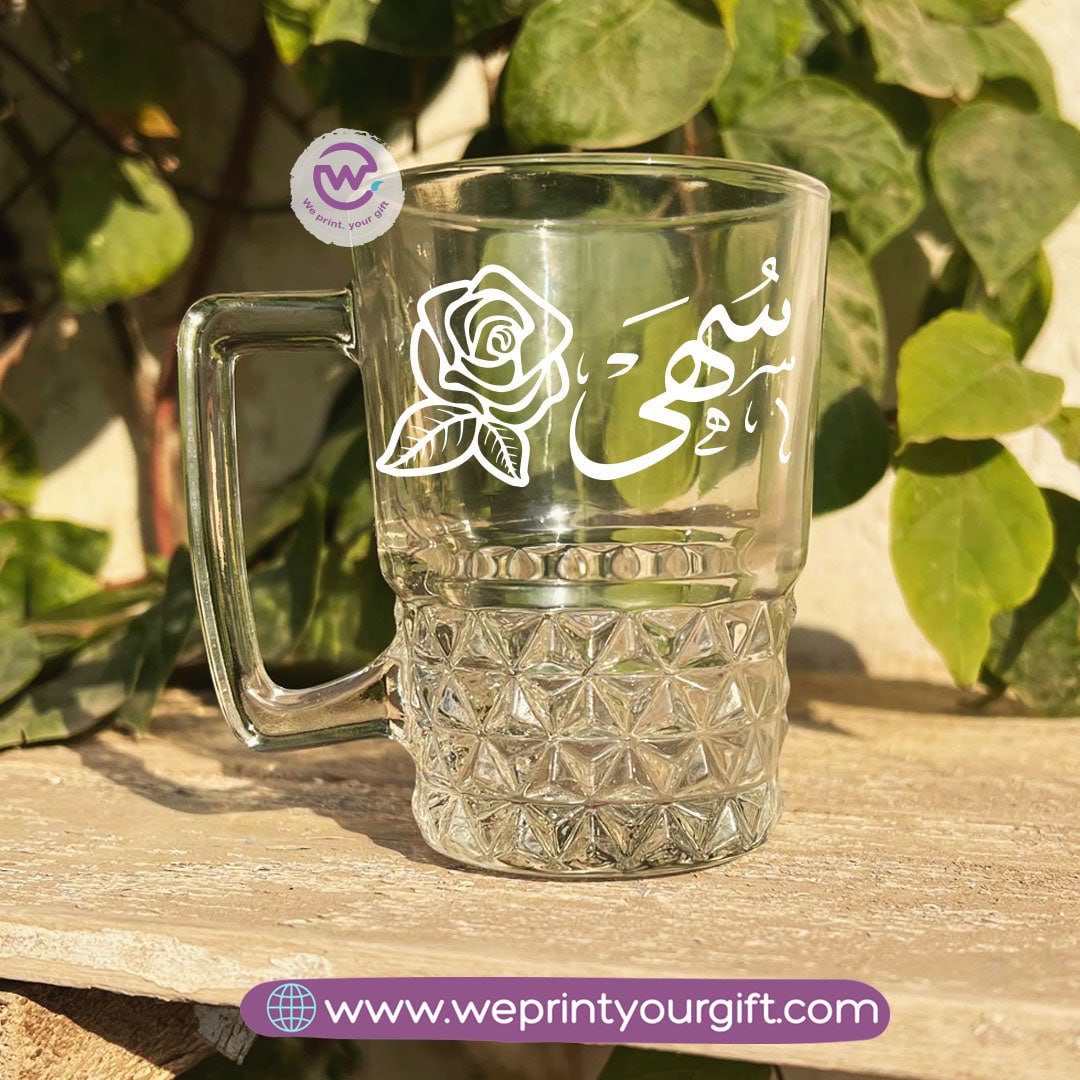 Personalized Clear Crystal Pattern Glass Mug with Arabic Name Typography – 250 ml