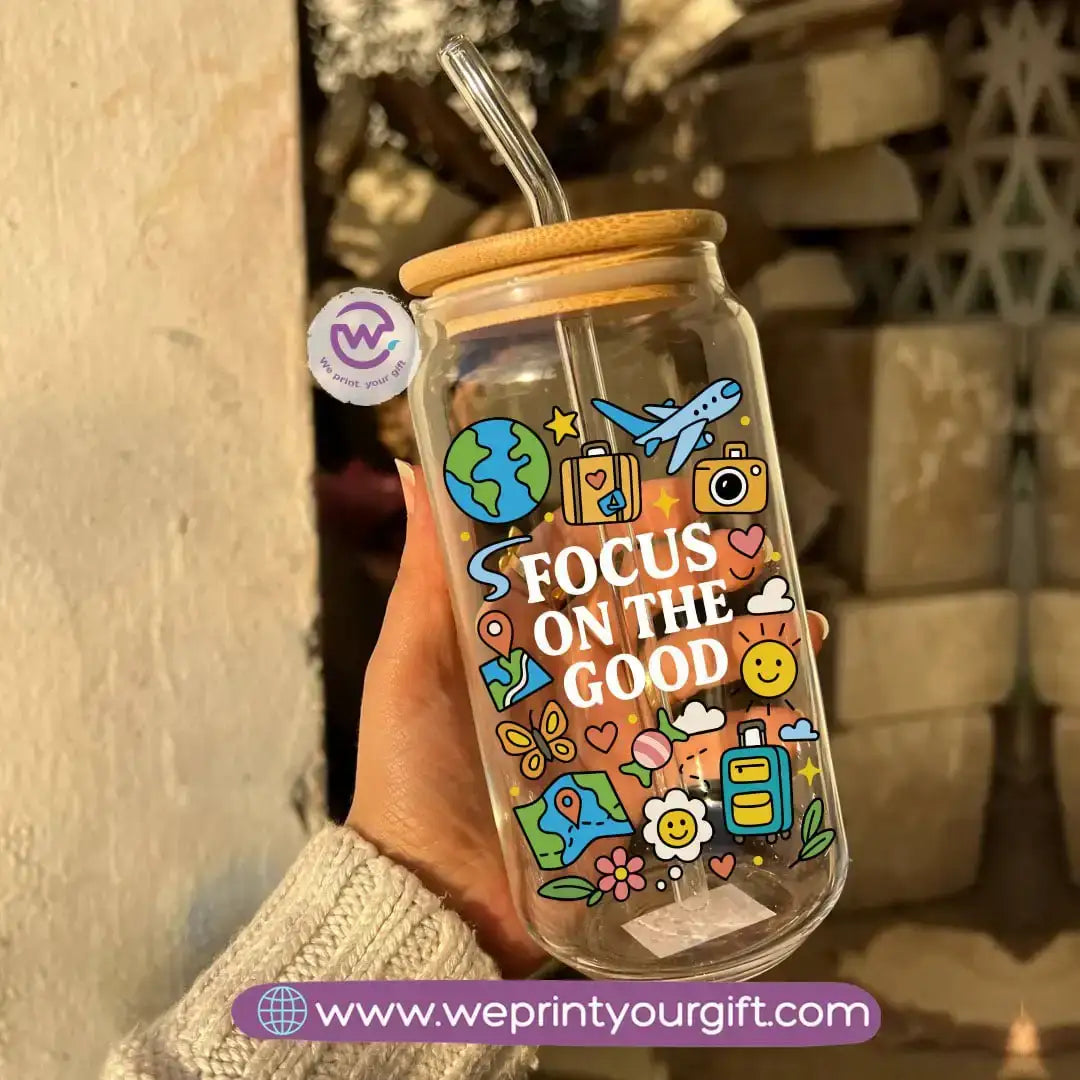 Round Glass Mug with Bamboo Lid & Glass Straw | Motivational Doodle Designs – 400 ml - WE PRINT