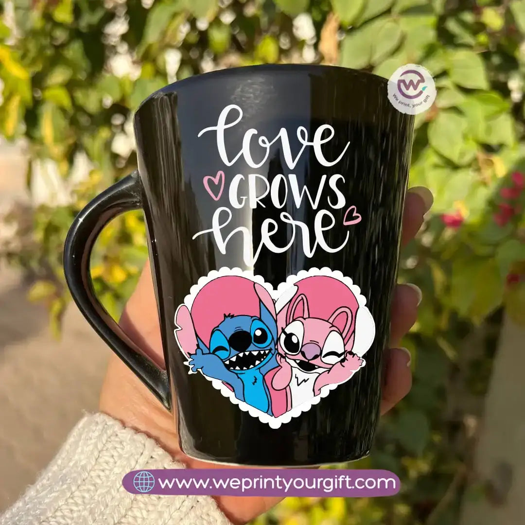 Stitch Valentine’s Edition Black Conical Porcelain Mug – 350 ml | UV Raised Sticker Printing - WE PRINT