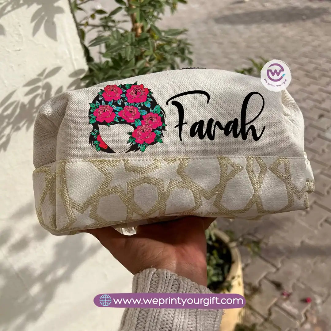 Islamic Pattern Floral Name Boxy Pouch – Personalized Cotton Makeup & Pencil Case