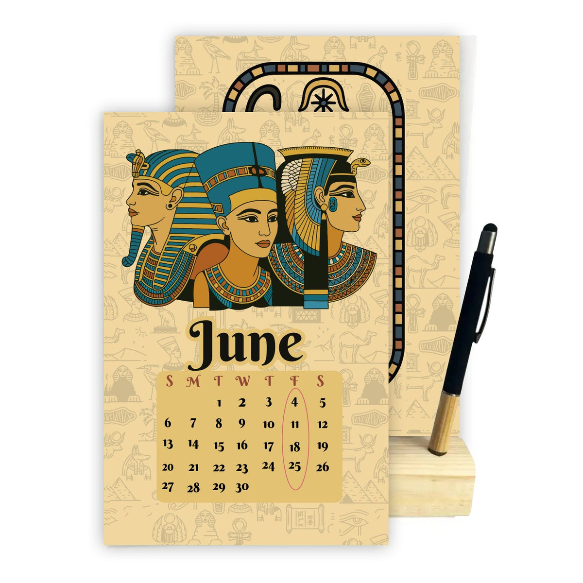 2027 Ancient Egyptian Desk Calendar – Pharaonic Art Collection | Wooden Stand & Bamboo Touch Pen