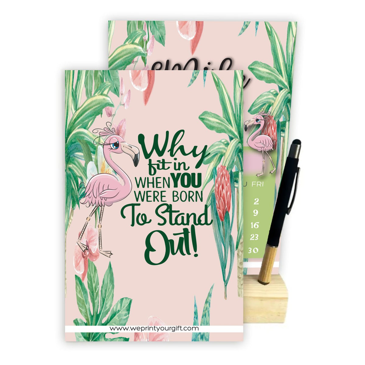 2027 Tropical Flamingo Desk Calendar – A5 Monthly Motivational Calendar with Wooden Stand & Bamboo Touch Pen