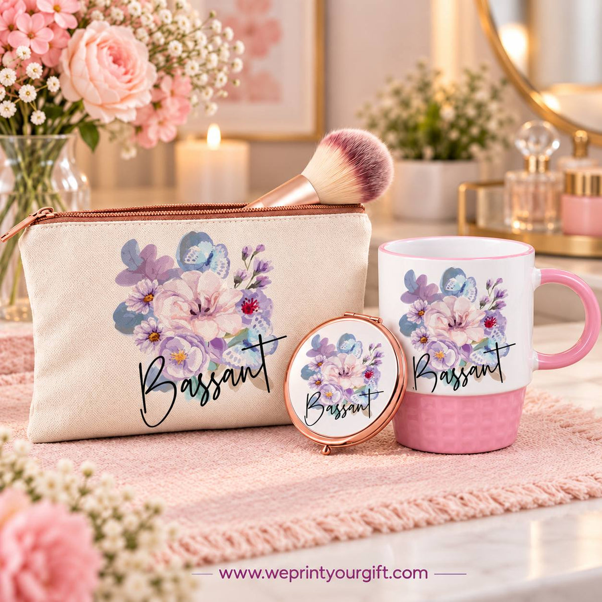 Floral Name Gift Set – Pouch, Compact Mirror & Pink Mug | Personalized