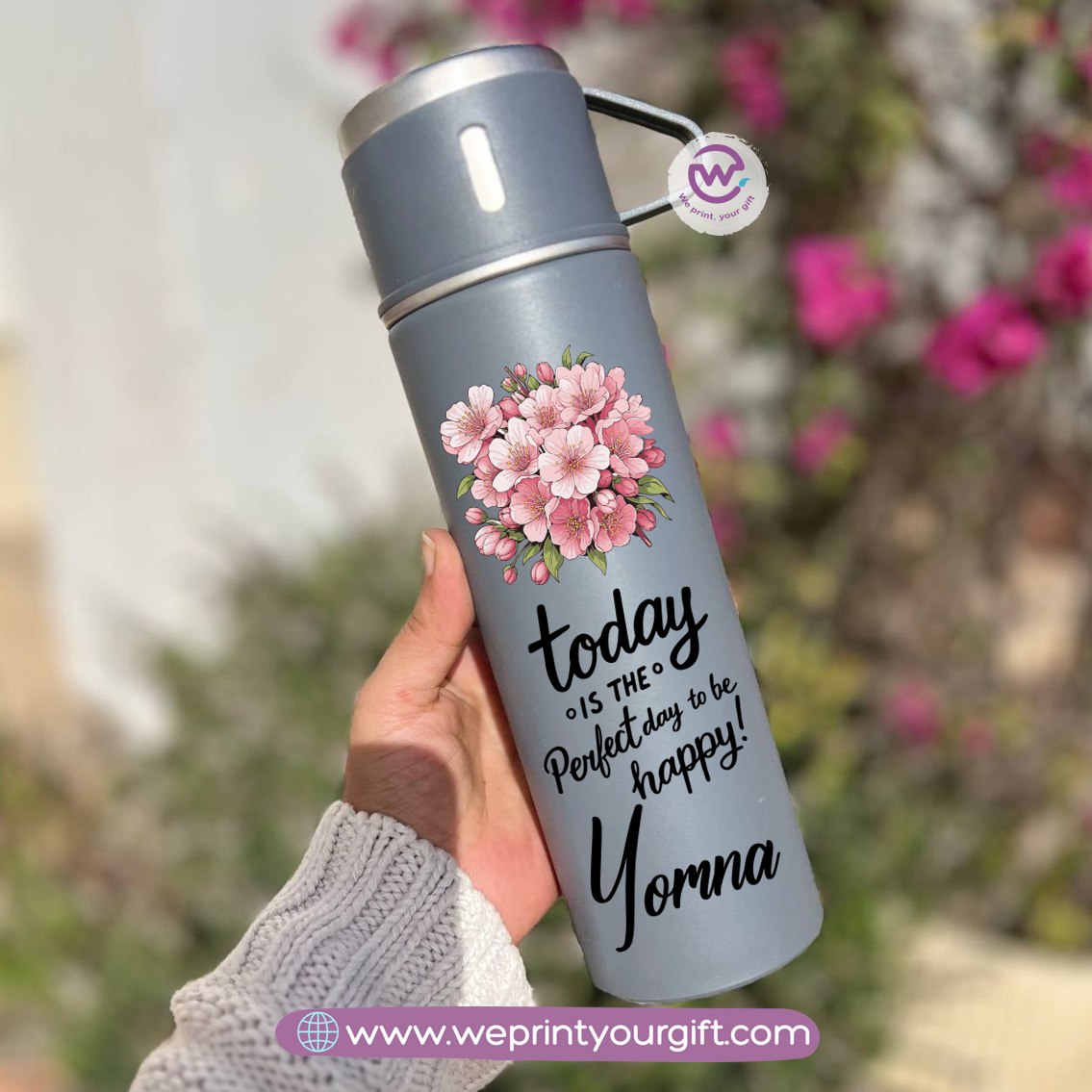 Floral Name Thermal Flask with Two Extra Cups – 500ml