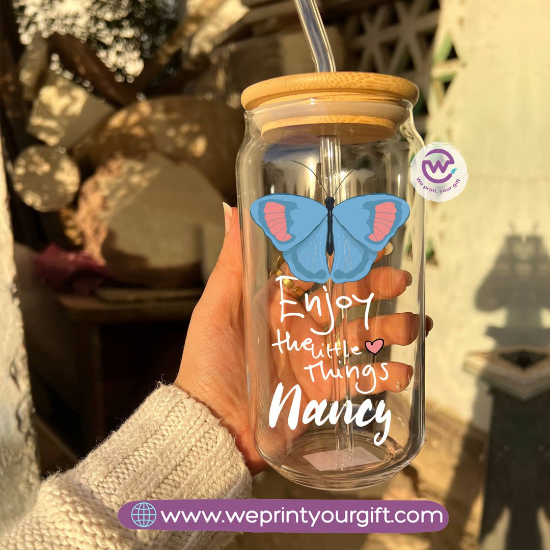 Round Glass Mug with Bamboo Lid & Glass Straw | Floral Motivational Design