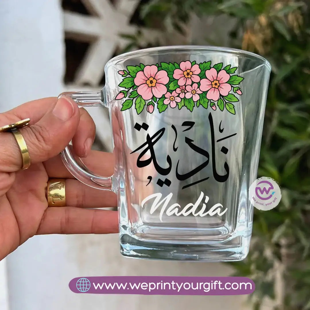Personalized Floral Name Glass Tea Cup – 300 ml - WE PRINT