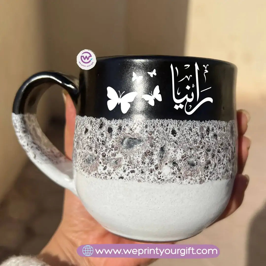 Black & White Handmade Pottery Mug – 350 ml | Arabic Name Line Art Design - WE PRINT