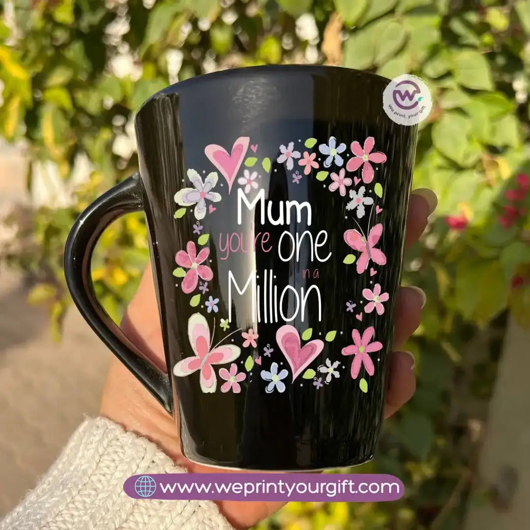 Mother’s Day Edition Black Conical Porcelain Mug – 350 ml | Elegant Love Designs | UV Raised Sticker Printing - WE PRINT
