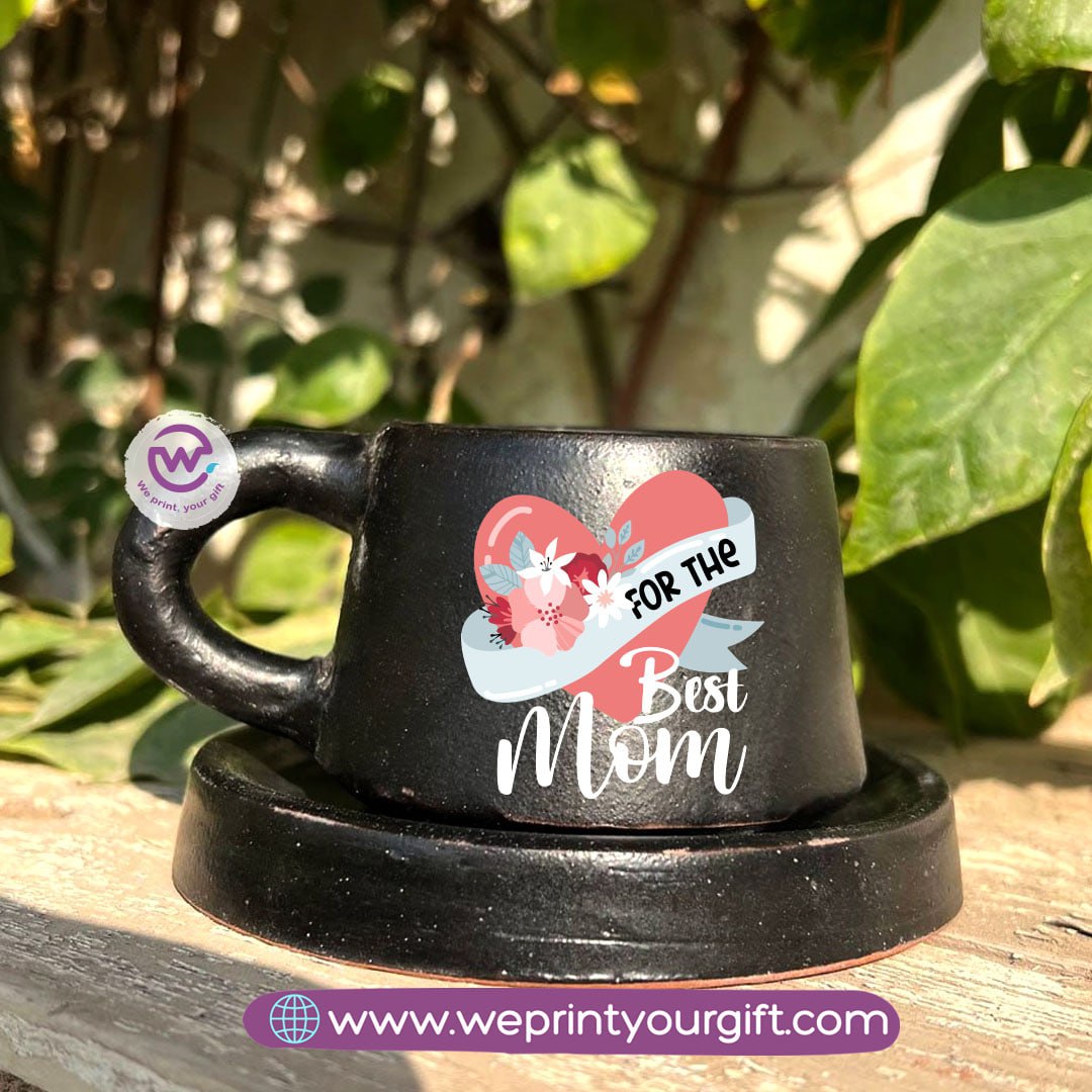 Mother’s Day Black Handmade Pottery Coffee Cup with Saucer – 200 ml | UV Raised Sticker Printing