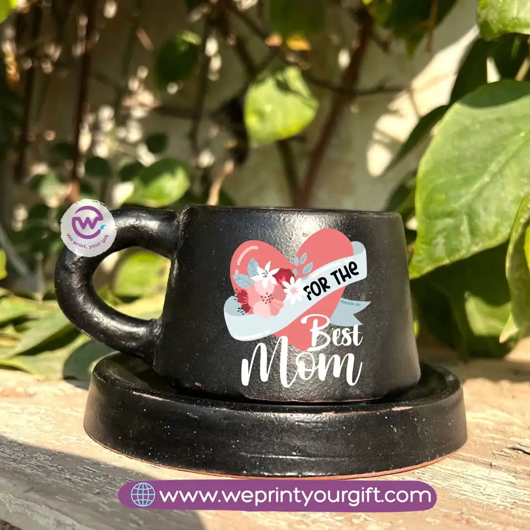 Mother’s Day Black Handmade Pottery Coffee Cup with Saucer – 200 ml | UV Raised Sticker Printing
