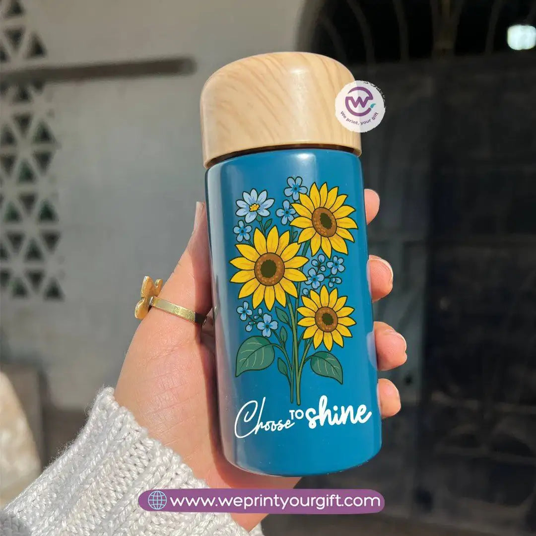 Mini Thermal Coffee Mug โ (150ml & 250ml) | Wooden Lid - Sunflower Digital Art Theme