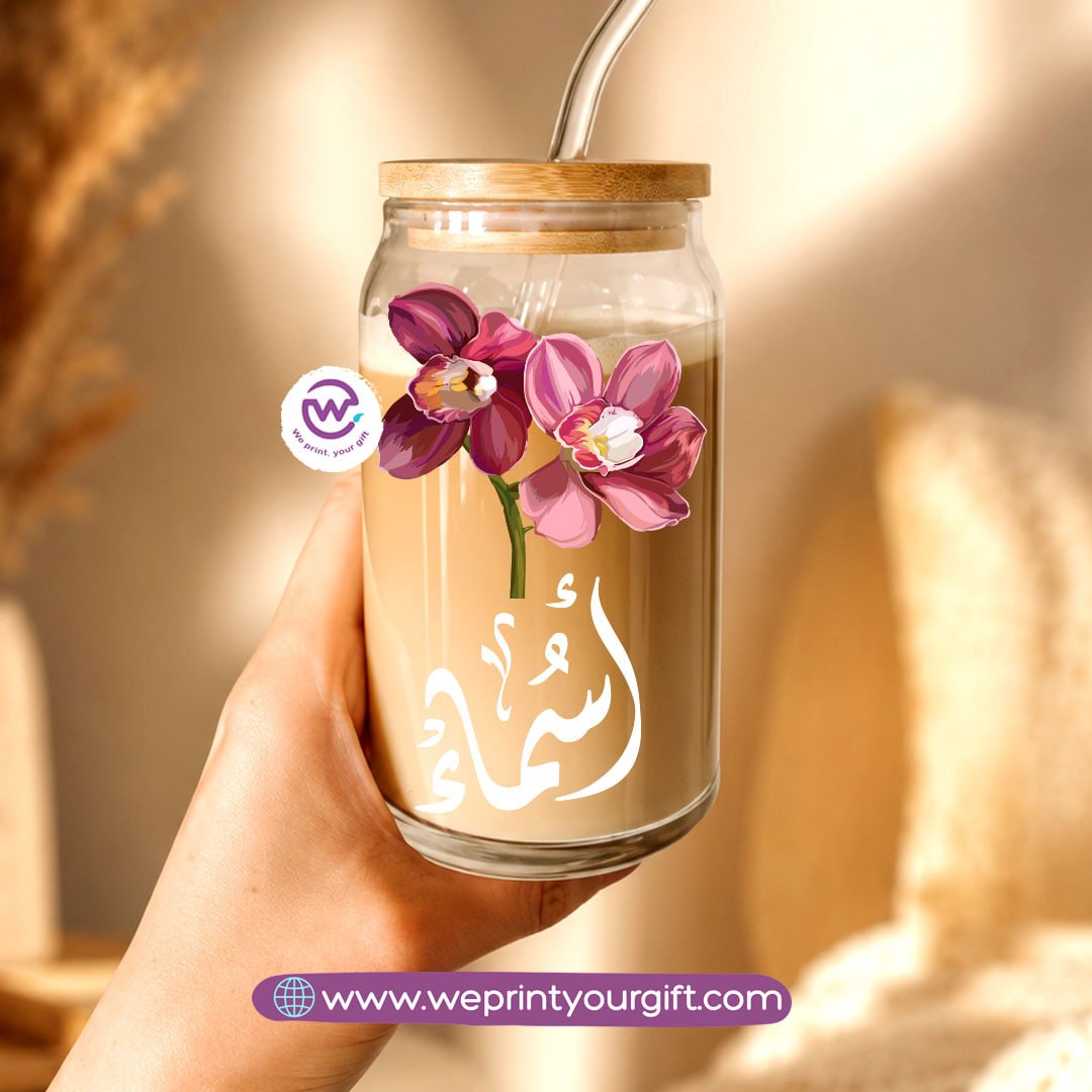 Floral Name Designs Glass Cup with Bamboo Lid & Reusable Glass Straw
