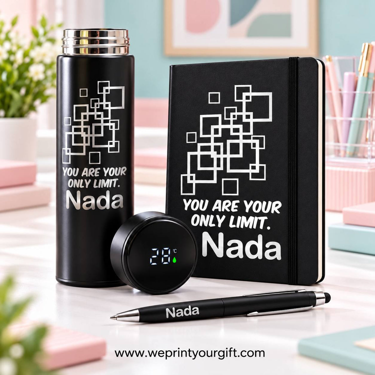 Personalized Office Gift Set – Digital Thermos, Notebook & Pen | Name & Quote