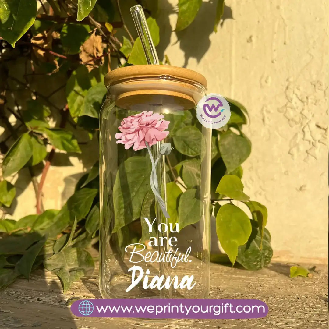 Round Glass Mug with Bamboo Lid & Glass Straw | Floral Motivational Design - WE PRINT