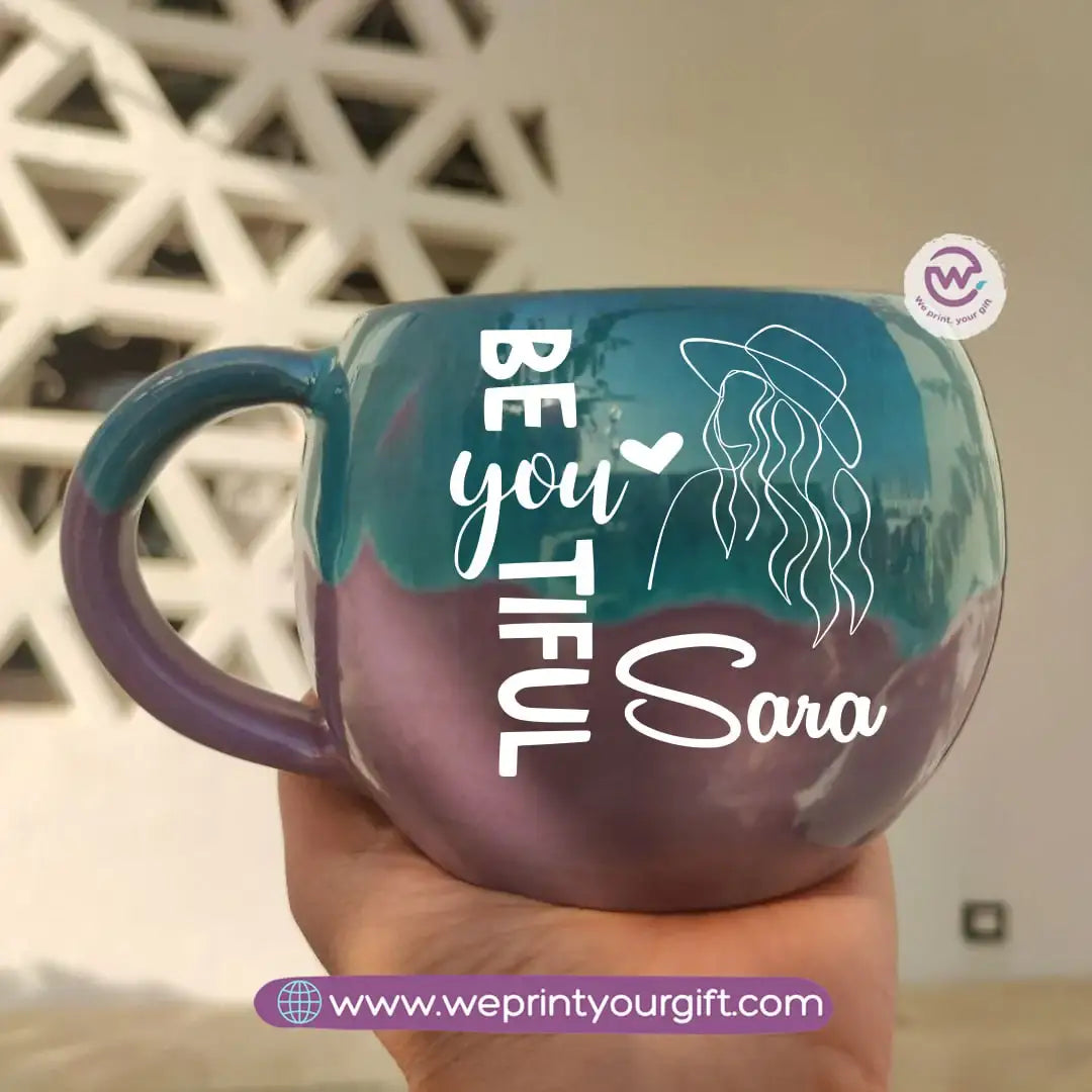 Turquoise & Purple Handmade Pottery Mug – 350 ml | Personalized One Line Art Names - WE PRINT