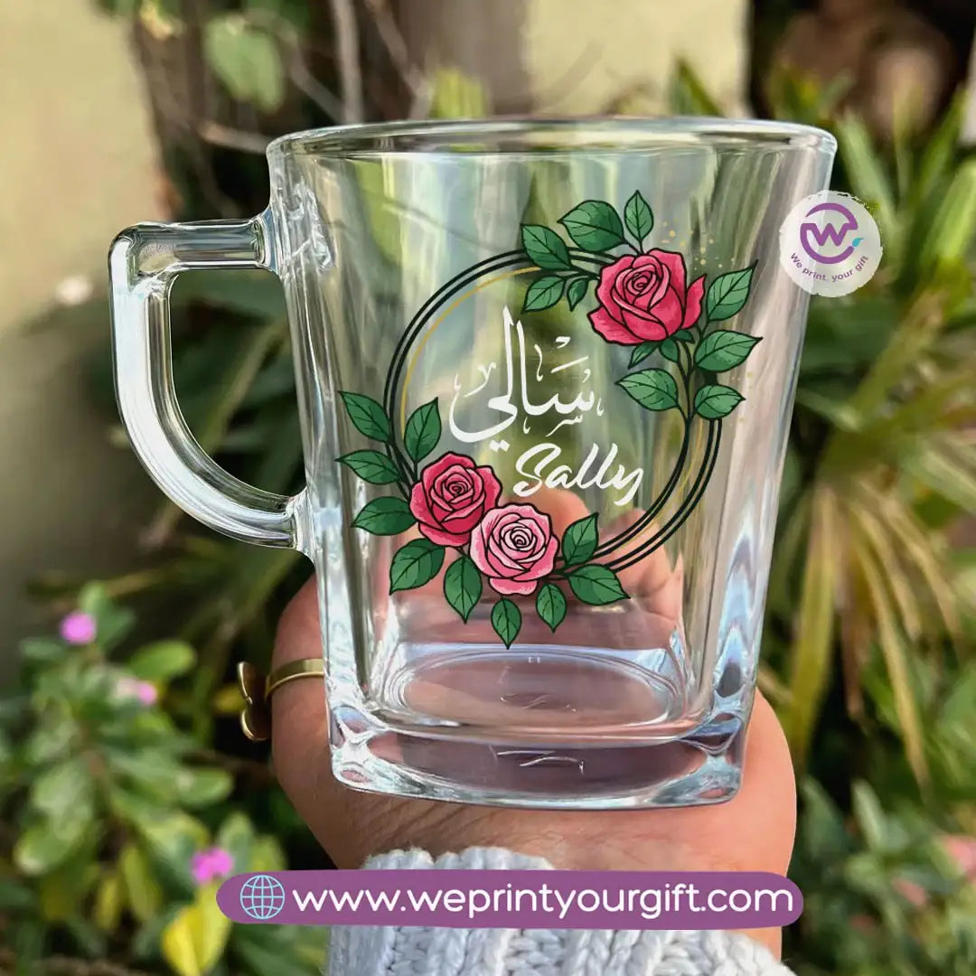Personalized Floral Name Glass Tea Cup – 300 ml - WE PRINT