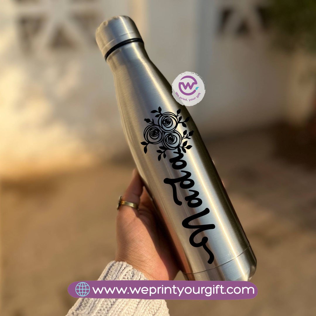 Personalized Silver Thermal Bottle with Arabic Name Typography – 500 ml