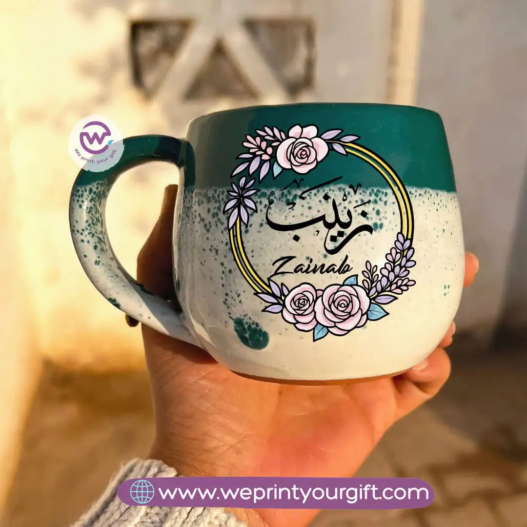 Green & White Handmade Pottery Mug with Floral Name Design - WE PRINT