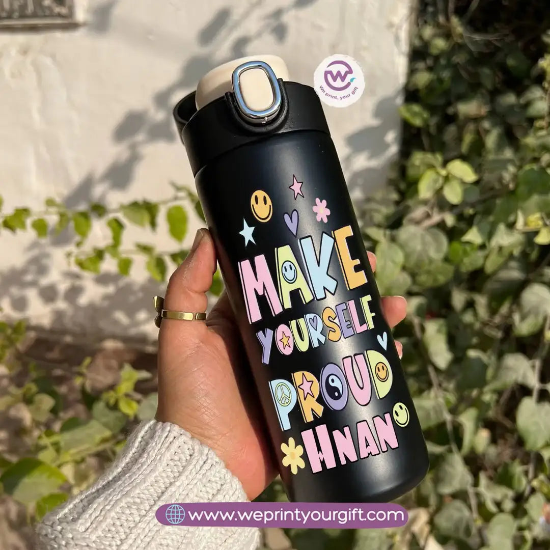 Stainless Steel Thermal Mug with Digital Temperature Display – 420ml Motivational Doodle Art (English Quotes) - WE PRINT