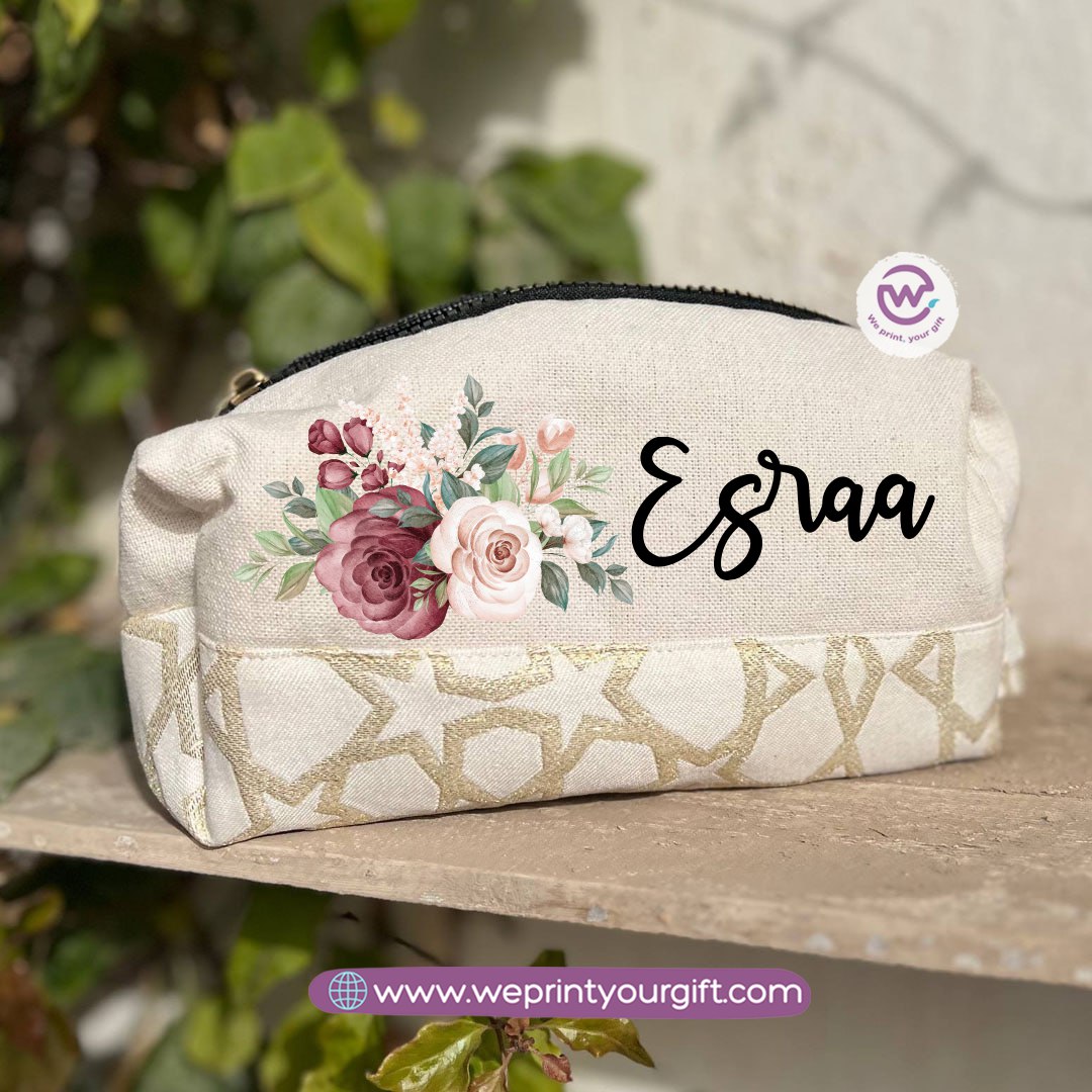 Islamic Pattern Floral Name Boxy Pouch – Personalized Cotton Makeup & Pencil Case