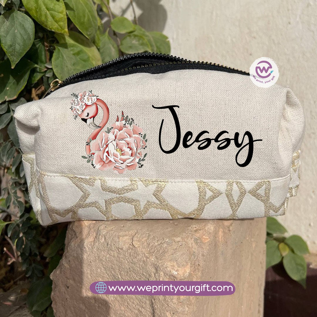 Islamic Pattern Floral Name Boxy Pouch – Personalized Cotton Makeup & Pencil Case