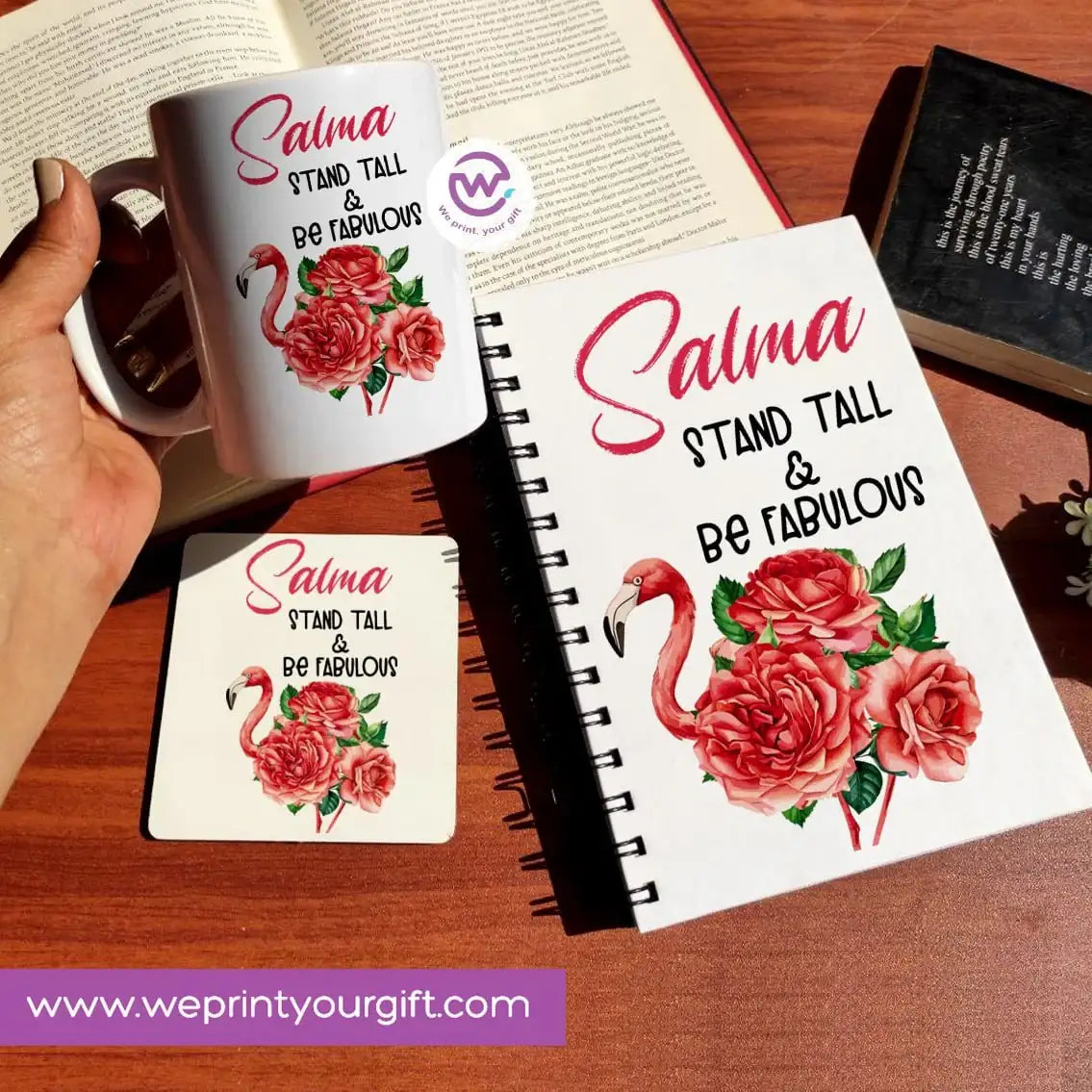 3-Piece Motivational Gift Set | Mug, Wooden Coaster & Hard Cover Notebook - WE PRINT