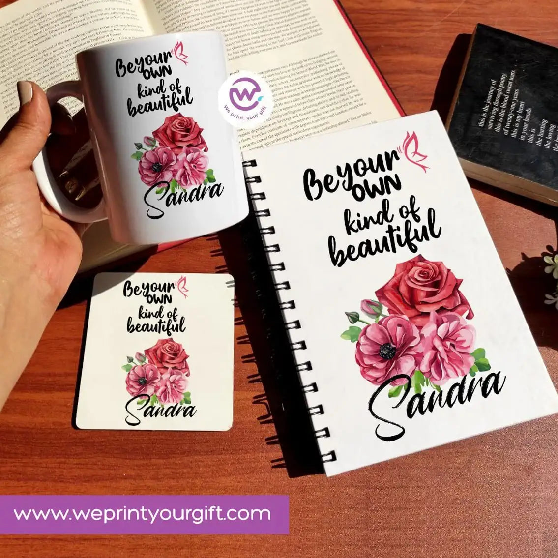 3-Piece Motivational Gift Set | Mug, Wooden Coaster & Hard Cover Notebook - WE PRINT