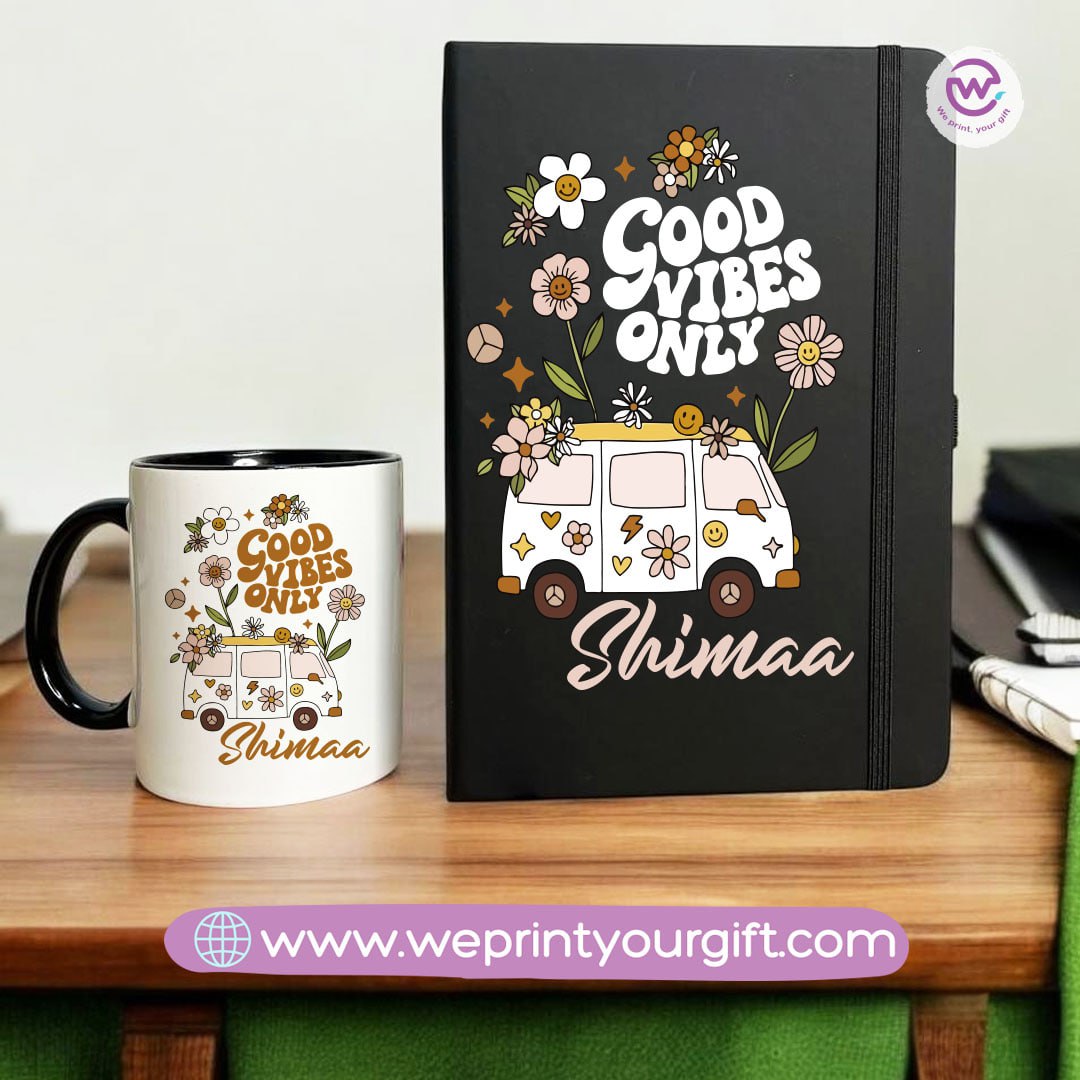 طقم أكواب ودفتر ملاحظات بتصميم كلاسيكي - هدية باسمك | نطبع هديتك