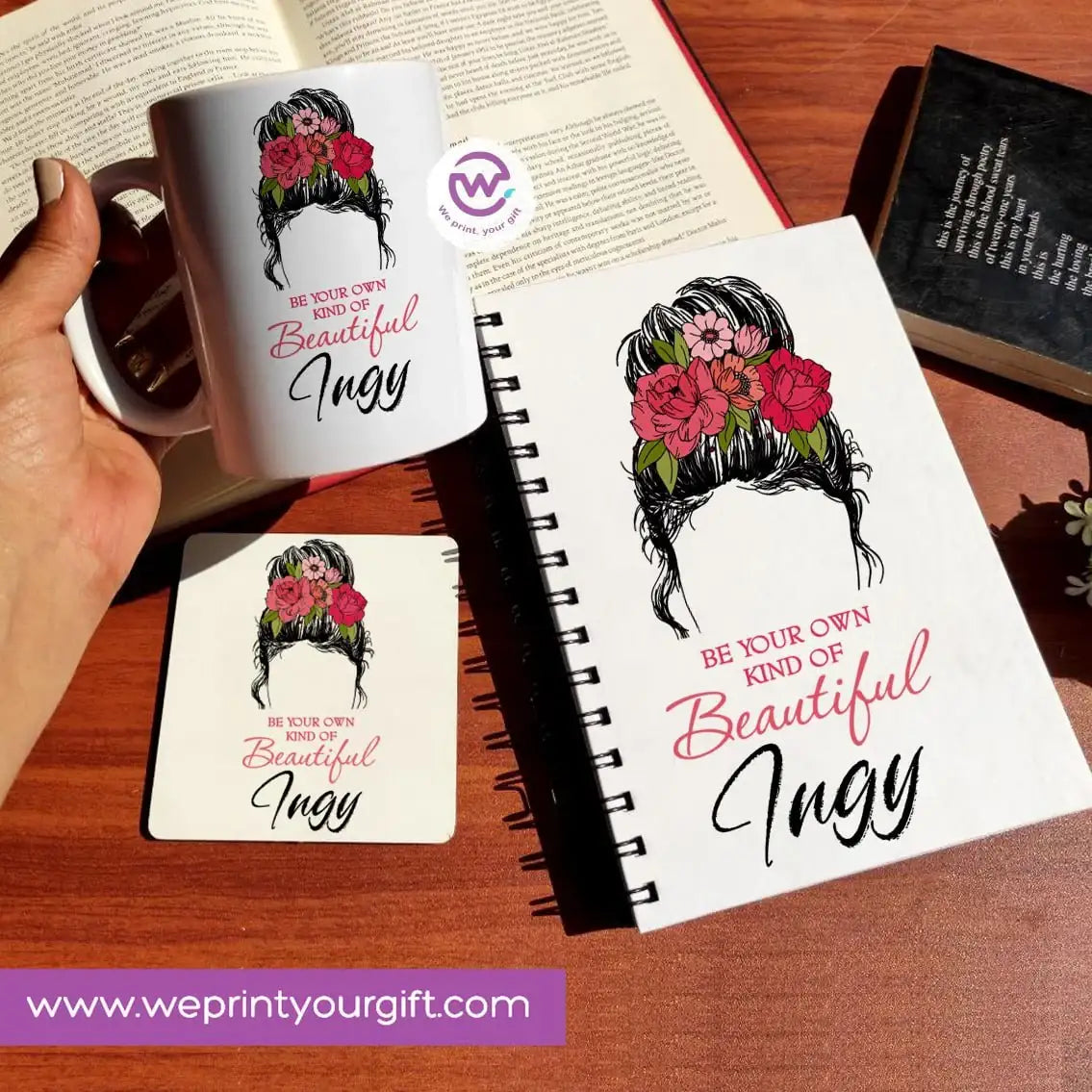 3-Piece Motivational Gift Set | Mug, Wooden Coaster & Hard Cover Notebook - WE PRINT