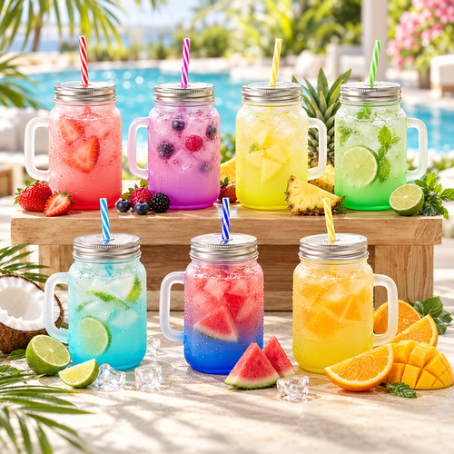 Gradient Glass Mugs with Lid, Handle & Straw