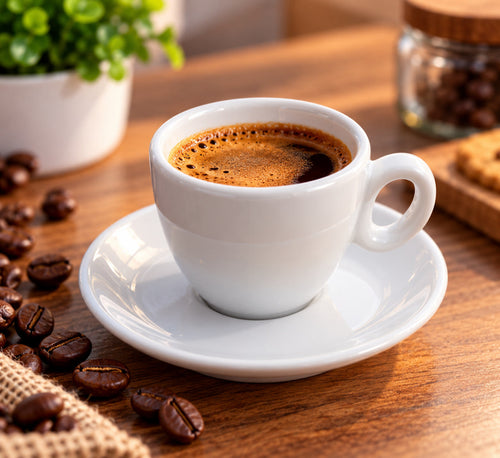 White Ceramic Espresso Cups with Saucers – UV Printed Designs