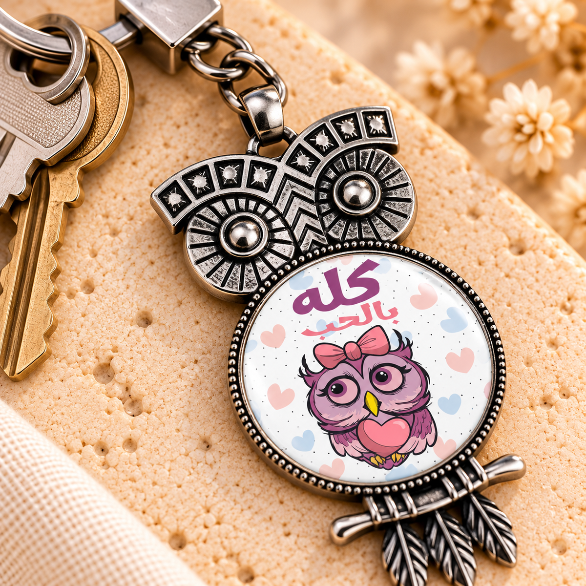 Cute Owl Glass Dome Metal Keychain | Ornate Frame
