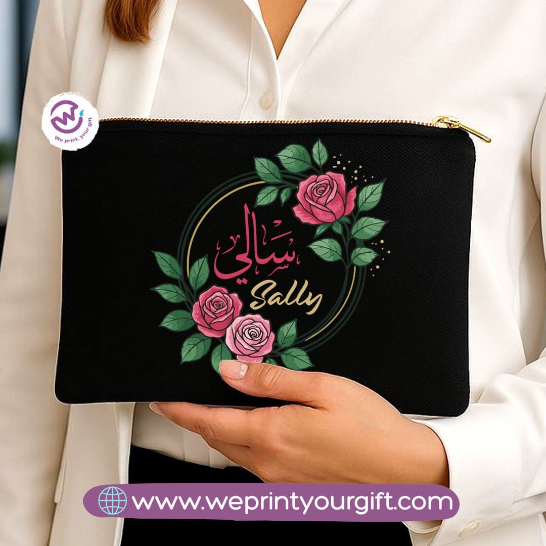 Personalized Floral Name Makeup Bag & Pencil Case – Elegant Cotton Pouch