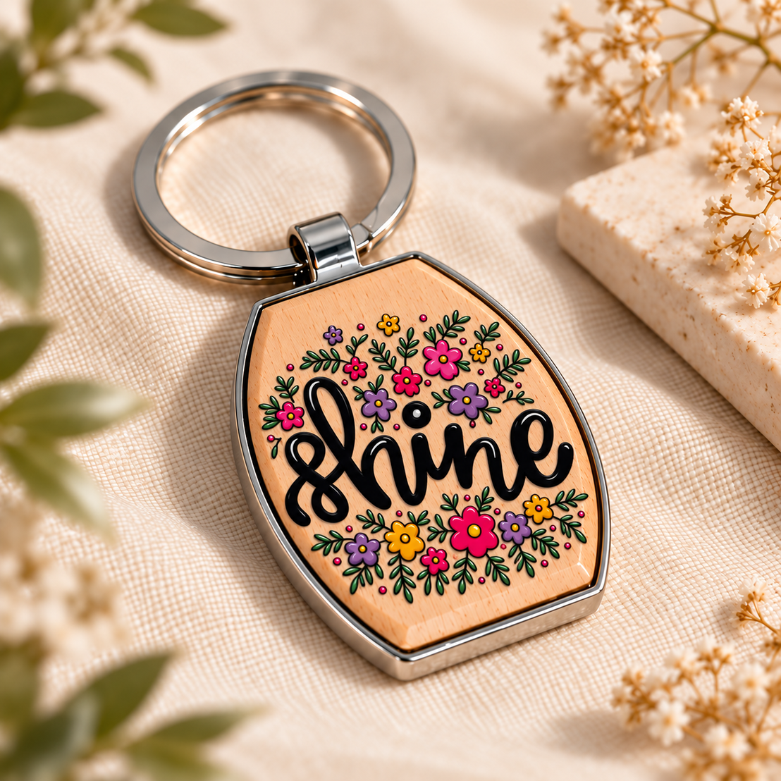 Motivational Wood & Metal Key Fob – Raised UV Printed Designs
